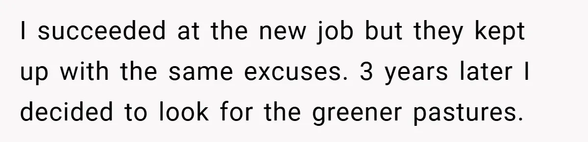 I succeeded at the new job but they kept up with the same excuses. 3 years later I decided to look for the greener pastures.