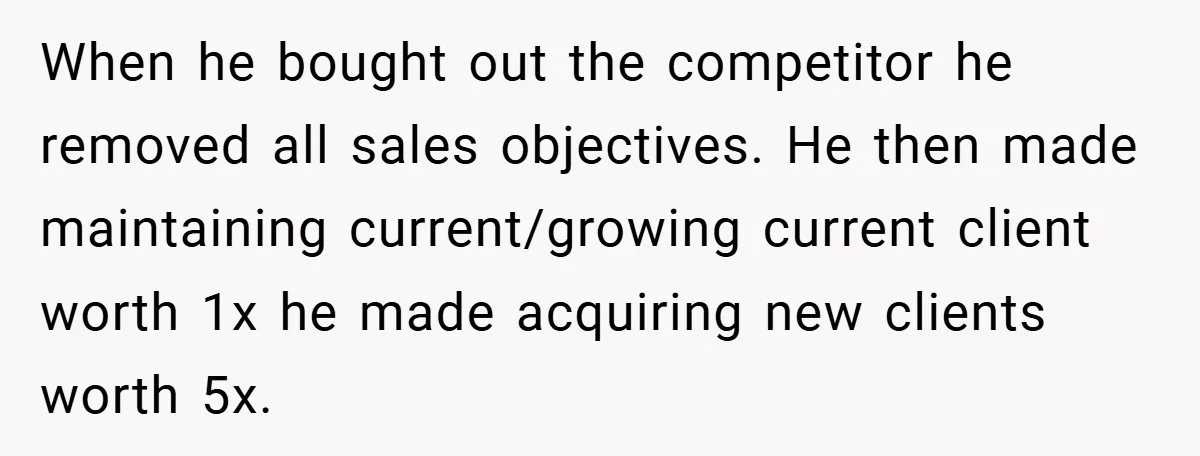 When he bought out the competitor he removed all sales objectives. He then made maintaining current/growing current client worth 1x he made acquiring new clients worth 5x.
