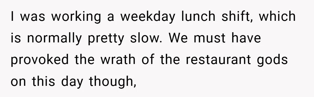 I was working a weekday lunch shift, which is normally pretty slow. We must have provoked the wrath of the restaurant gods on this day though,