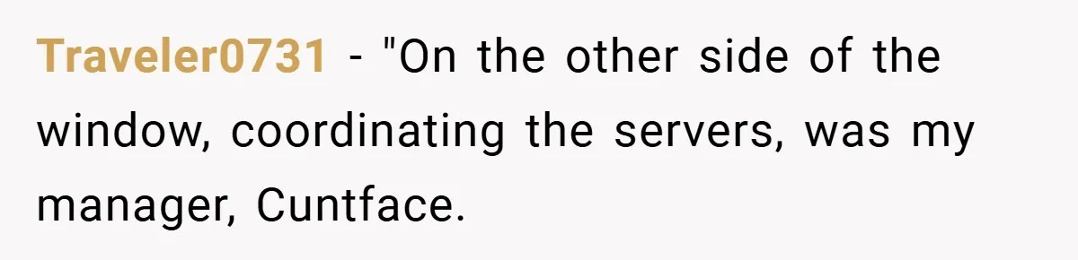 Traveler0731 − "On the other side of the window, coordinating the servers, was my manager, Cuntface.