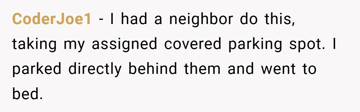 CoderJoe1 − I had a neighbor do this, taking my assigned covered parking spot. I parked directly behind them and went to bed.