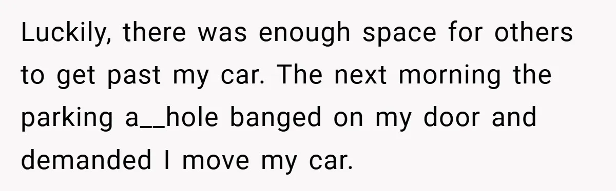 Luckily, there was enough space for others to get past my car. The next morning the parking a__hole banged on my door and demanded I move my car.