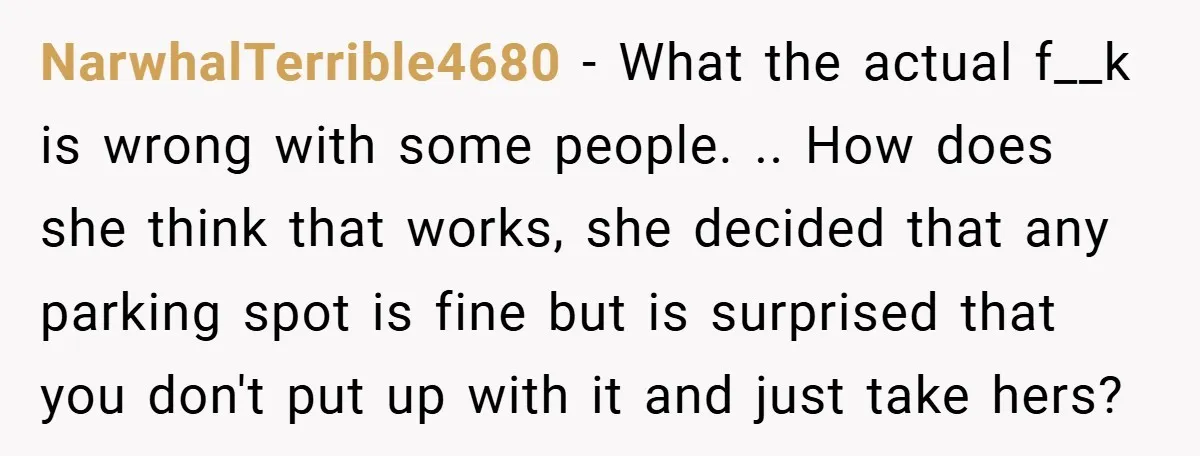 NarwhalTerrible4680 − What the actual f__k is wrong with some people. .. How does she think that works, she decided that any parking spot is fine but is surprised that...