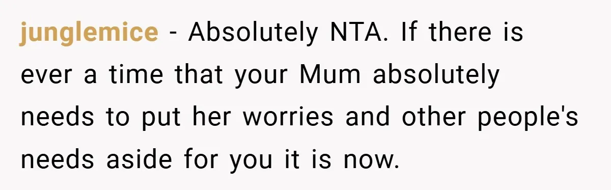 A Woman Yells at Her Mom After She Says She Might Miss Her Husband’s Memorial - Was She Wrong? junglemice − Absolutely NTA. If there is ever a time that your Mum absolutely needs to put her worries and other people's needs aside for you it is now.