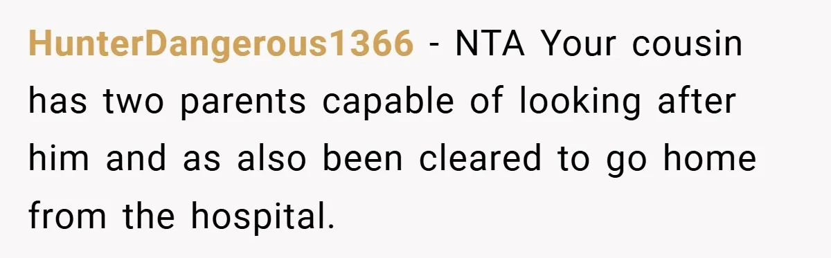 A Woman Yells at Her Mom After She Says She Might Miss Her Husband’s Memorial - Was She Wrong? HunterDangerous1366 − NTA Your cousin has two parents capable of looking after him and as also been cleared to go home from the hospital.