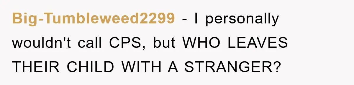 Big-Tumbleweed2299 − I personally wouldn't call CPS, but WHO LEAVES THEIR CHILD WITH A STRANGER?