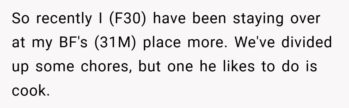 She Yelled at Her Boyfriend to Stop Spicing Up Her Meals So recently I (F30) have been staying over at my BF's (31M) place more. We've divided up some chores, but one he likes to do is cook.