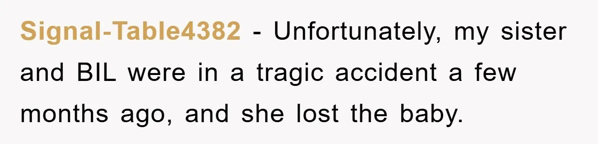 Family Tension Erupts After Woman Posts Baby Shower Photos Despite Sister’s Recent Loss Signal-Table4382 − Unfortunately, my sister and BIL were in a tragic accident a few months ago, and she lost the baby.