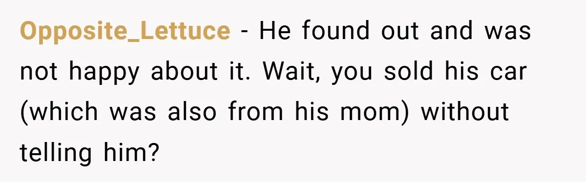 Opposite_Lettuce − He found out and was not happy about it. Wait, you sold his car (which was also from his mom) without telling him?
