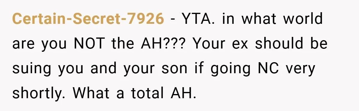 Certain-Secret-7926 − YTA. in what world are you NOT the AH??? Your ex should be suing you and your son if going NC very shortly. What a total AH.
