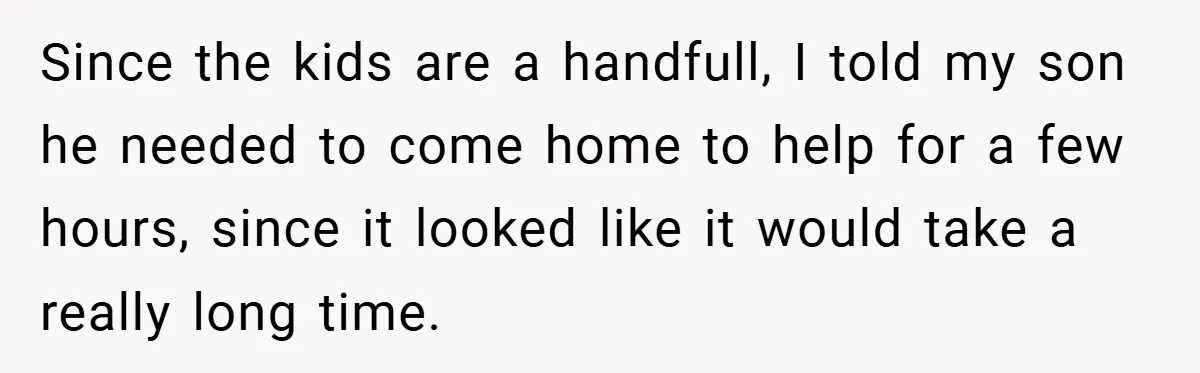 Since the kids are a handfull, I told my son he needed to come home to help for a few hours, since it looked like it would take a really...