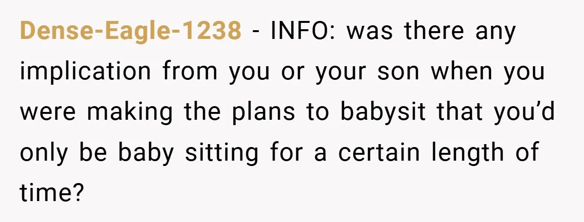 Dense-Eagle-1238 − INFO: was there any implication from you or your son when you were making the plans to babysit that you’d only be baby sitting for a certain length...