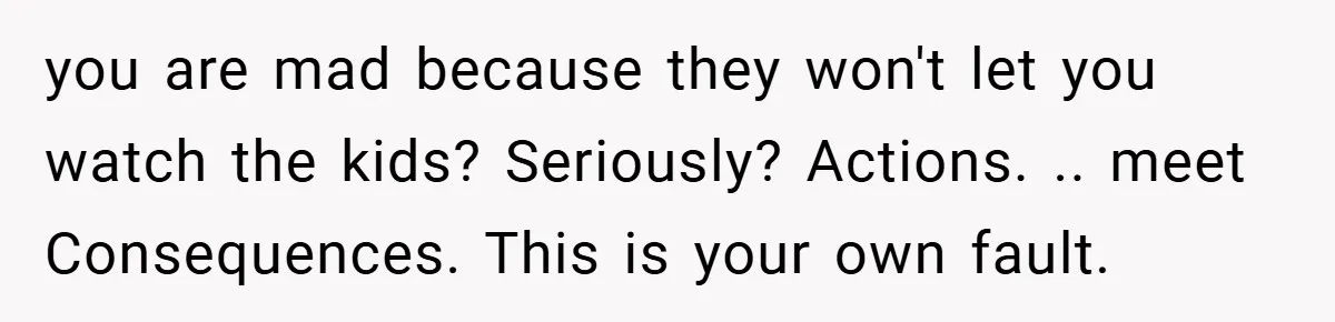 you are mad because they won't let you watch the kids? Seriously? Actions. .. meet Consequences. This is your own fault.