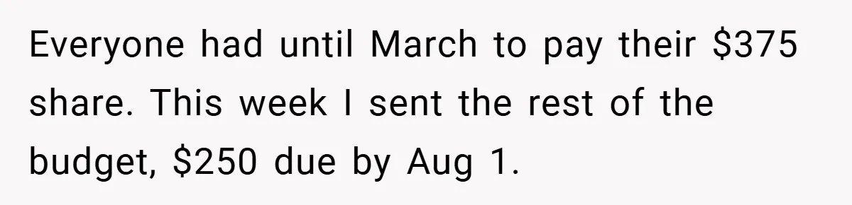 Everyone had until March to pay their $375 share. This week I sent the rest of the budget, $250 due by Aug 1.
