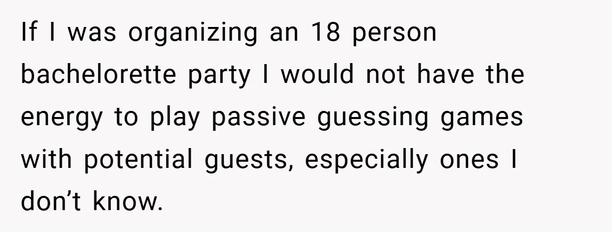 If I was organizing an 18 person bachelorette party I would not have the energy to play passive guessing games with potential guests, especially ones I don’t know.