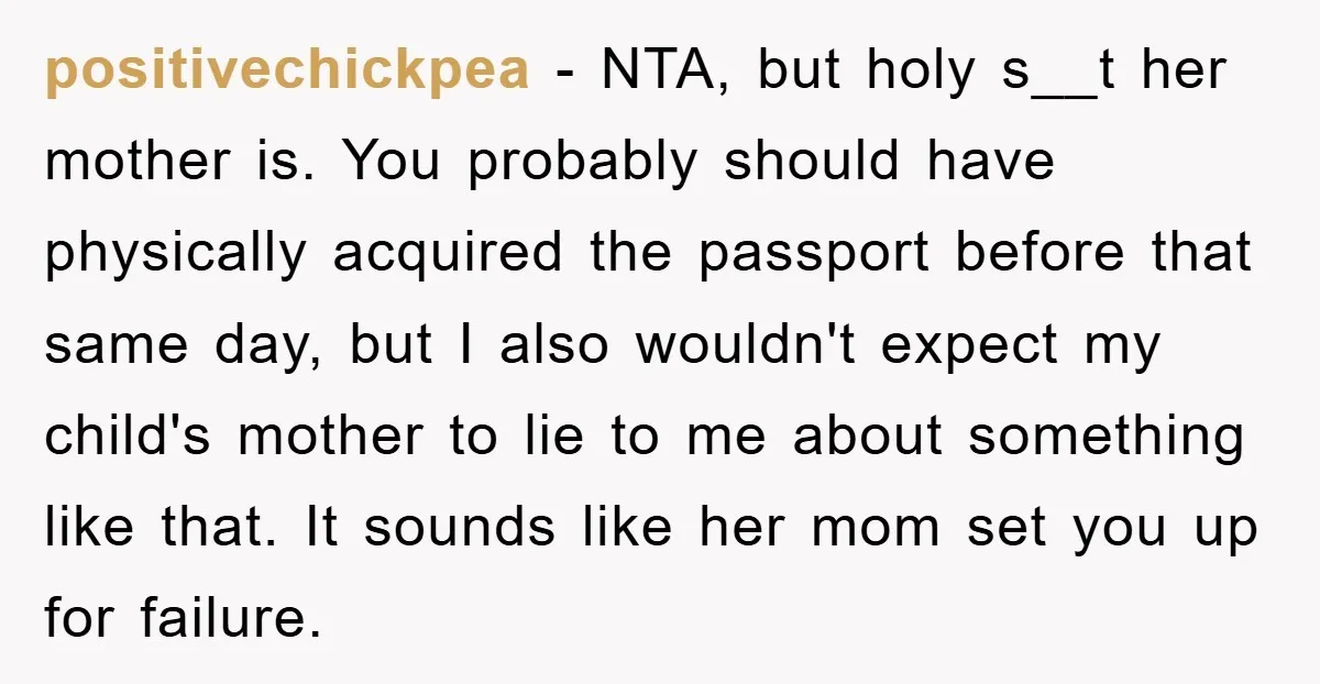 positivechickpea − NTA, but holy s__t her mother is. You probably should have physically acquired the passport before that same day, but I also wouldn't expect my child's mother to...