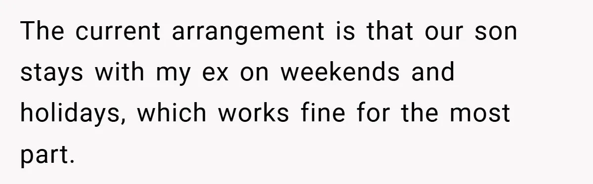 The current arrangement is that our son stays with my ex on weekends and holidays, which works fine for the most part.