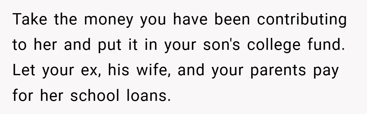 Take the money you have been contributing to her and put it in your son's college fund. Let your ex, his wife, and your parents pay for her school loans.