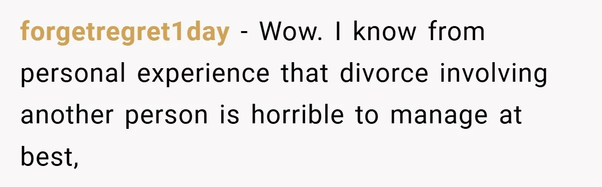 forgetregret1day − Wow. I know from personal experience that divorce involving another person is horrible to manage at best,