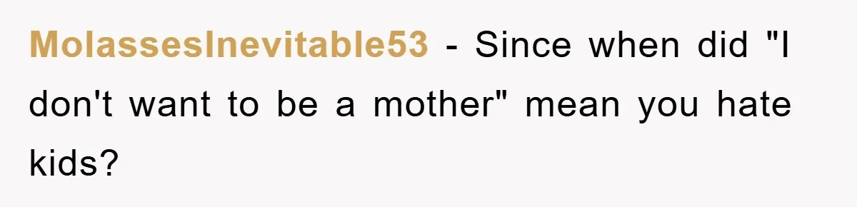 MolassesInevitable53 − Since when did "I don't want to be a mother" mean you hate kids?