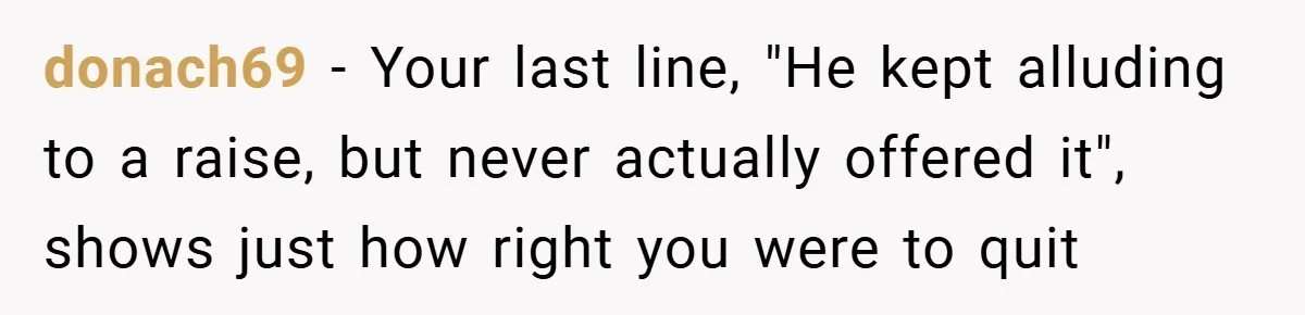 donach69 − Your last line, "He kept alluding to a raise, but never actually offered it", shows just how right you were to quit