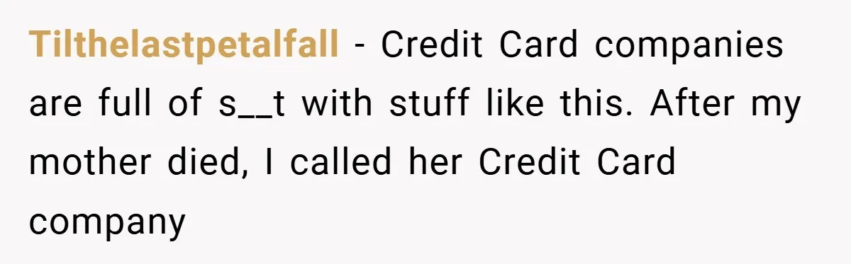 Tilthelastpetalfall − Credit Card companies are full of s__t with stuff like this. After my mother died, I called her Credit Card company