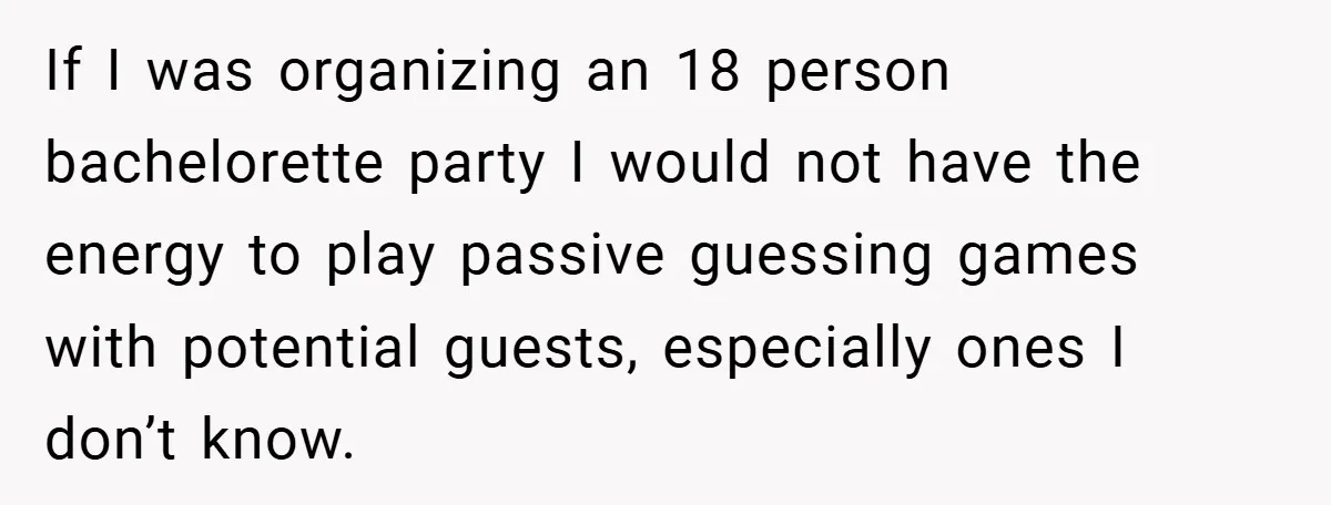 If I was organizing an 18 person bachelorette party I would not have the energy to play passive guessing games with potential guests, especially ones I don’t know.