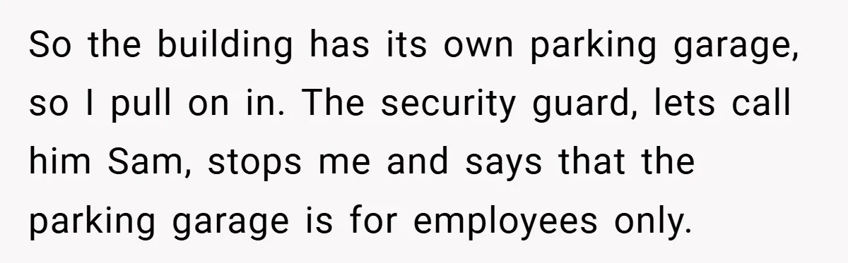 So the building has its own parking garage, so I pull on in. The security guard, lets call him Sam, stops me and says that the parking garage is for...