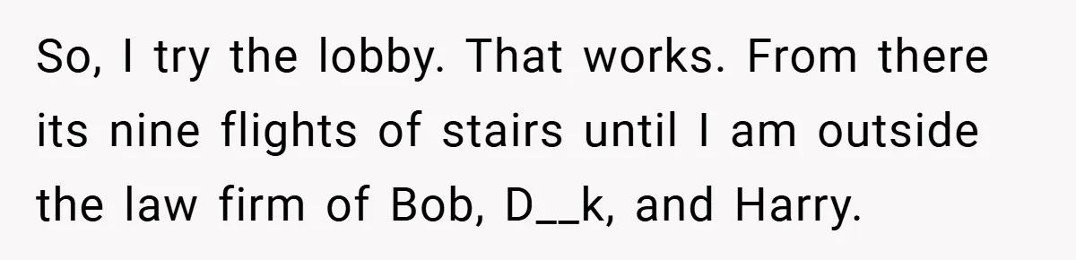 So, I try the lobby. That works. From there its nine flights of stairs until I am outside the law firm of Bob, D__k, and Harry.
