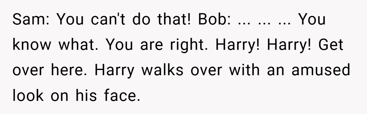 Sam: You can't do that! Bob: ... ... ... You know what. You are right. Harry! Harry! Get over here. Harry walks over with an amused look on his face.