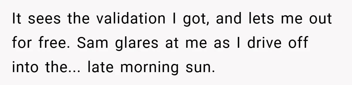 It sees the validation I got, and lets me out for free. Sam glares at me as I drive off into the... late morning sun.