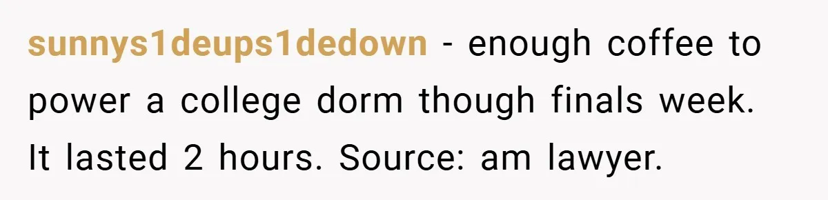 sunnys1deups1dedown − enough coffee to power a college dorm though finals week. It lasted 2 hours. Source: am lawyer.