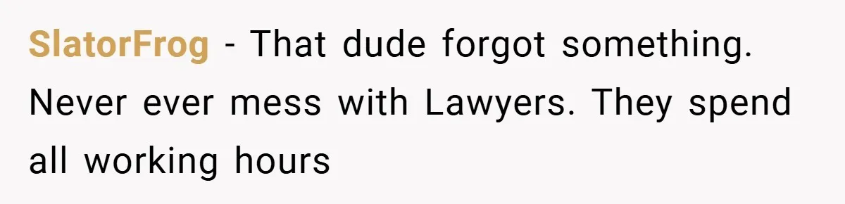 SlatorFrog − That dude forgot something. Never ever mess with Lawyers. They spend all working hours