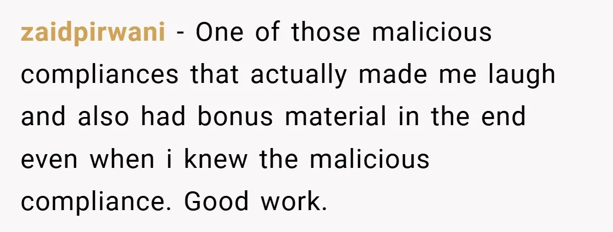 zaidpirwani − One of those malicious compliances that actually made me laugh and also had bonus material in the end even when i knew the malicious compliance. Good work.