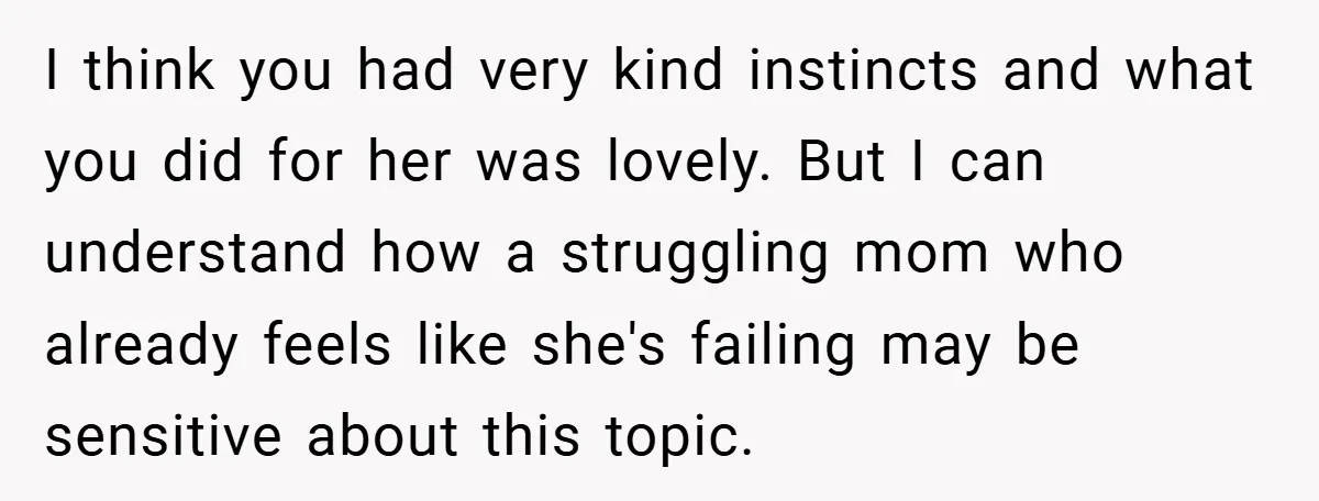 I think you had very kind instincts and what you did for her was lovely. But I can understand how a struggling mom who already feels like she's failing may...