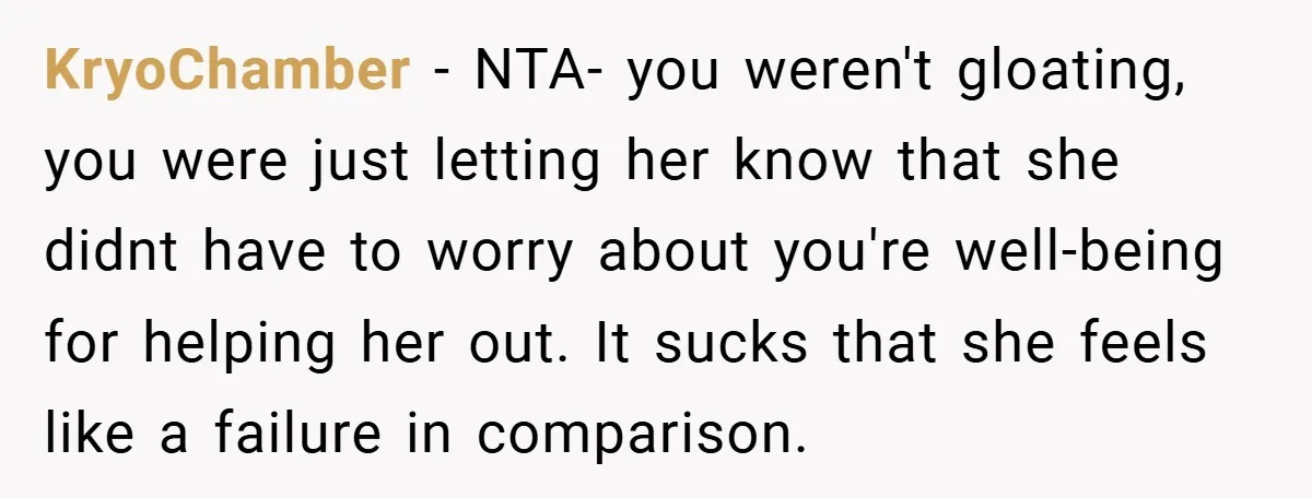 KryoChamber − NTA- you weren't gloating, you were just letting her know that she didnt have to worry about you're well-being for helping her out. It sucks that she feels...