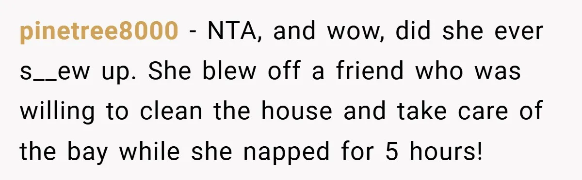 pinetree8000 − NTA, and wow, did she ever s__ew up. She blew off a friend who was willing to clean the house and take care of the bay while she...
