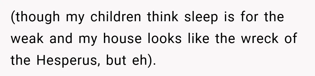 (though my children think sleep is for the weak and my house looks like the wreck of the Hesperus, but eh).