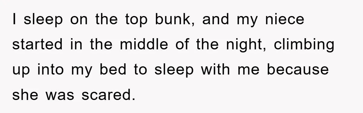 I sleep on the top bunk, and my niece started in the middle of the night, climbing up into my bed to sleep with me because she was scared.
