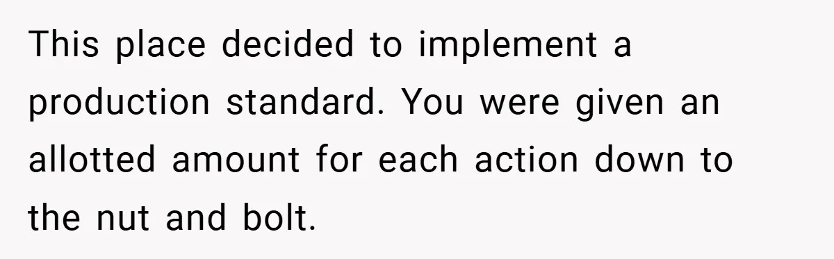 This place decided to implement a production standard. You were given an allotted amount for each action down to the nut and bolt.