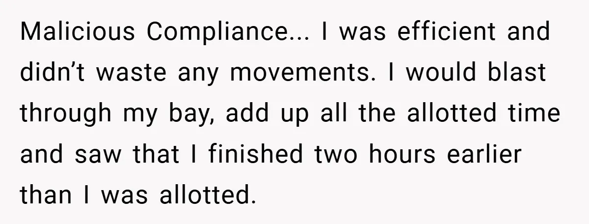 Malicious Compliance... I was efficient and didn’t waste any movements. I would blast through my bay, add up all the allotted time and saw that I finished two hours earlier...