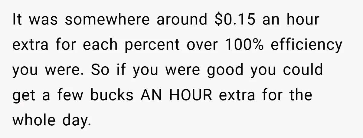 It was somewhere around $0.15 an hour extra for each percent over 100% efficiency you were. So if you were good you could get a few bucks AN HOUR extra...