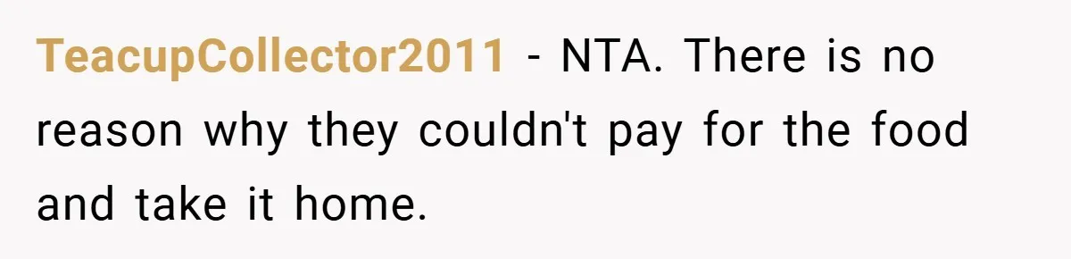 TeacupCollector2011 − NTA. There is no reason why they couldn't pay for the food and take it home.
