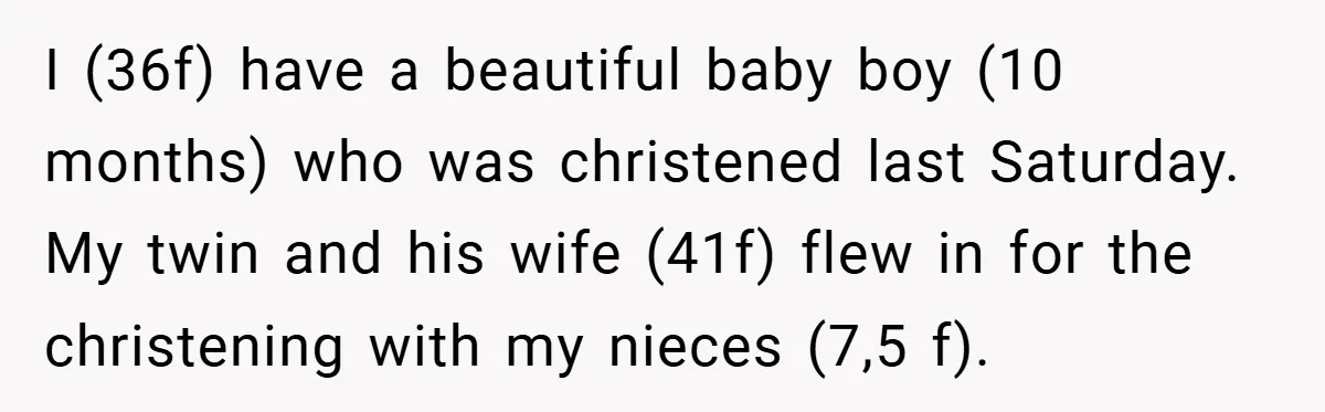 I (36f) have a beautiful baby boy (10 months) who was christened last Saturday. My twin and his wife (41f) flew in for the christening with my nieces (7,5 f).