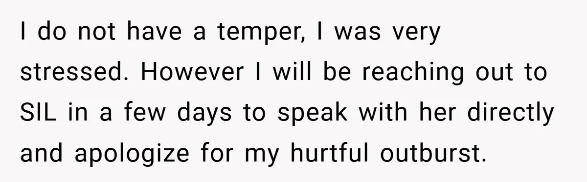 I do not have a temper, I was very stressed. However I will be reaching out to SIL in a few days to speak with her directly and apologize for...