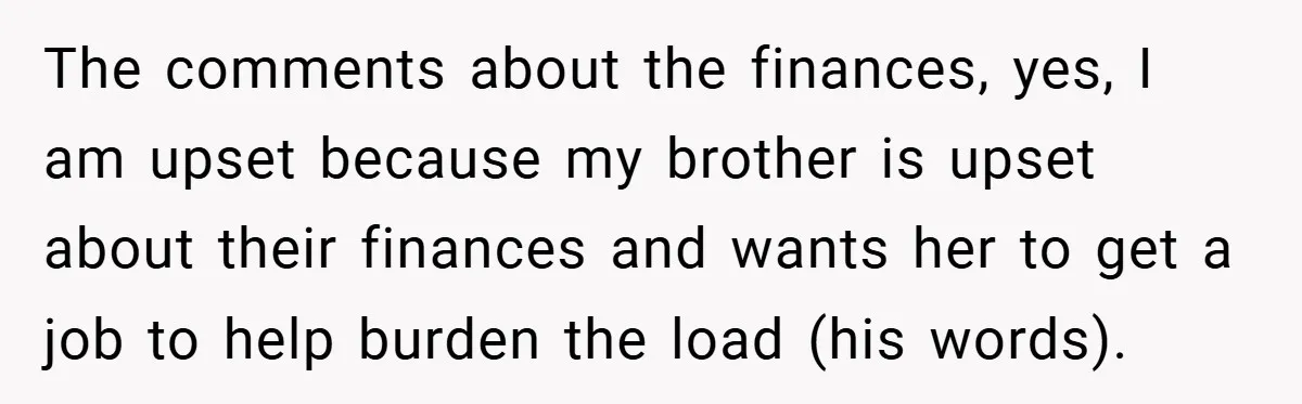 The comments about the finances, yes, I am upset because my brother is upset about their finances and wants her to get a job to help burden the load (his...