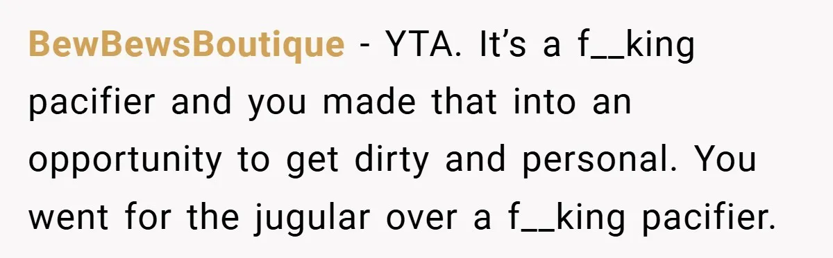BewBewsBoutique − YTA. It’s a f__king pacifier and you made that into an opportunity to get dirty and personal. You went for the jugular over a f__king pacifier.