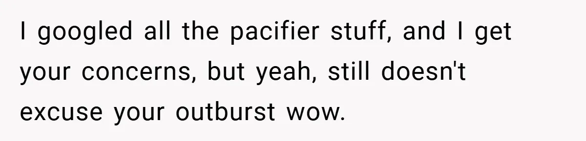 I googled all the pacifier stuff, and I get your concerns, but yeah, still doesn't excuse your outburst wow.