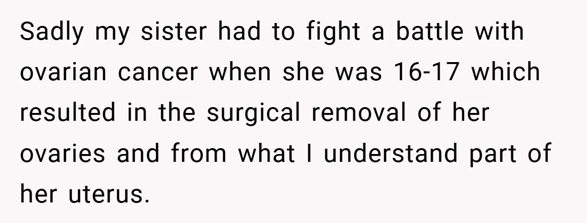 Sadly my sister had to fight a battle with ovarian cancer when she was 16-17 which resulted in the surgical removal of her ovaries and from what I understand part...
