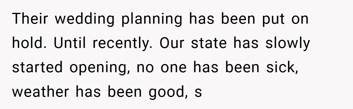 Their wedding planning has been put on hold. Until recently. Our state has slowly started opening, no one has been sick, weather has been good, s